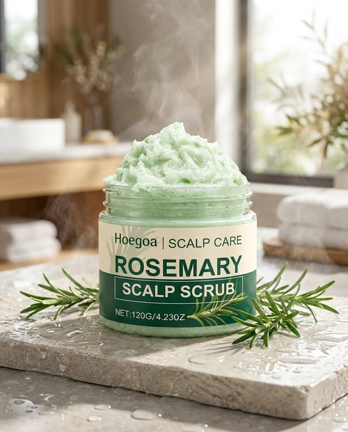Textura del exfoliante capilar de romero — frasco abierto en baño spa